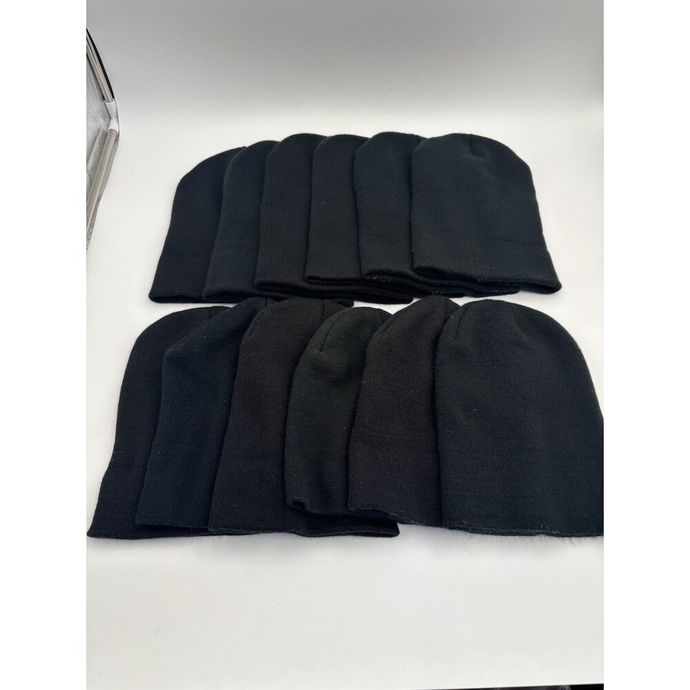 Lot of 12 Black Knit Beanie Hats Unisex Winter Skull Caps Stretch Watch Caps